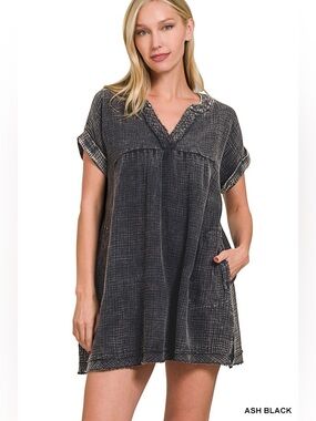 Zenana Washed Double Gauze Raw Edge V-neck Dress